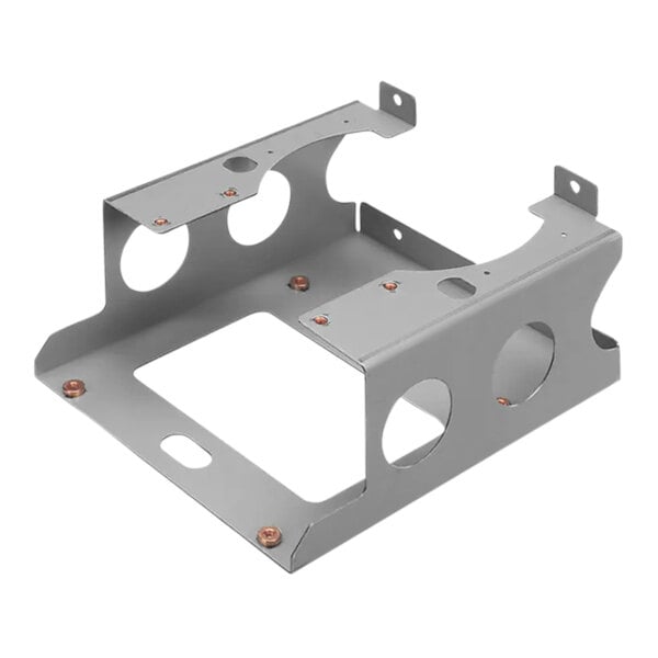 A metal frame bracket with holes and screws.