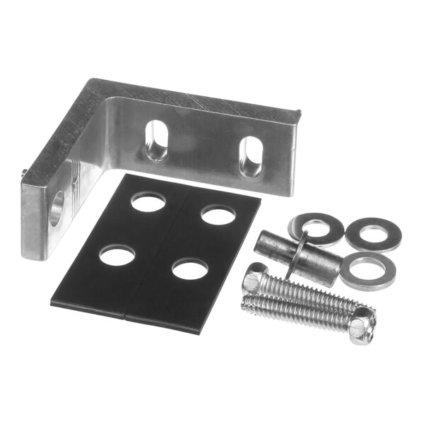A black metal rectangular corner bracket with screws and bolts.