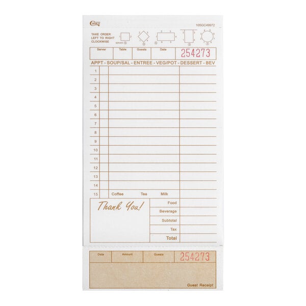 A tan and white carbonless guest check pad with beverage lines and a bottom guest receipt section.