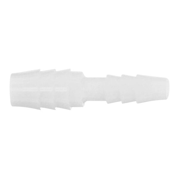 A white plastic Bunn hose barb reducer fitting with a small hole.