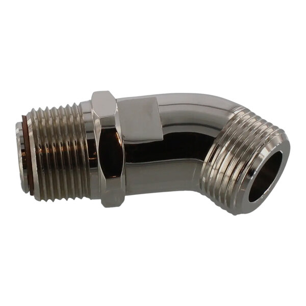 An Alliance Laundry swivel coupling with a threaded end on a silver pipe.