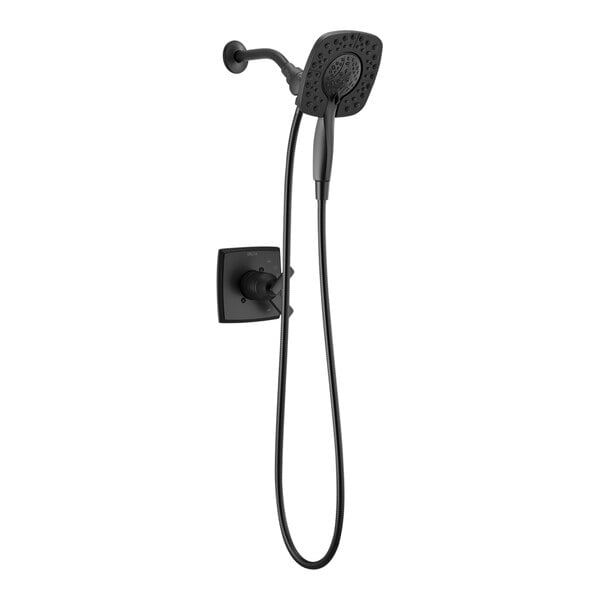 A matte black Delta shower head with hose.