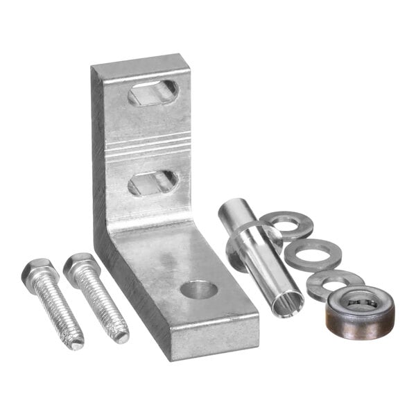 A close-up of a metal bracket with screws and bolts.