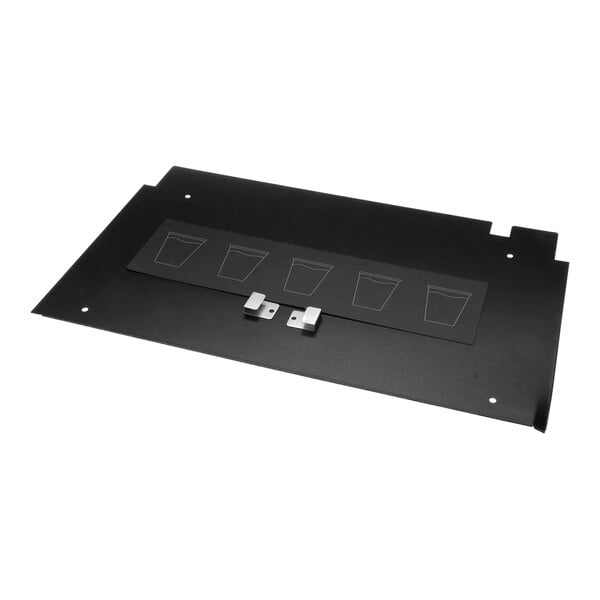 A black rectangular metal plate with four holes and a black label on a Wilbur Curtis Cv Alcove.