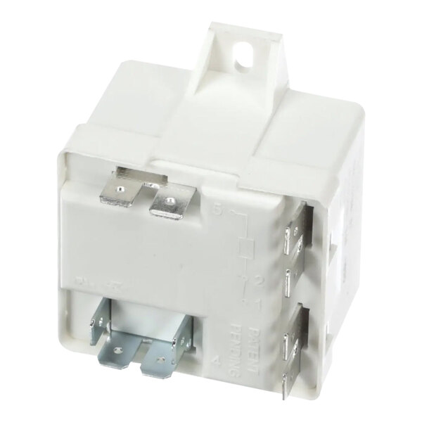 A white Traulsen start relay with metal parts and two wires.