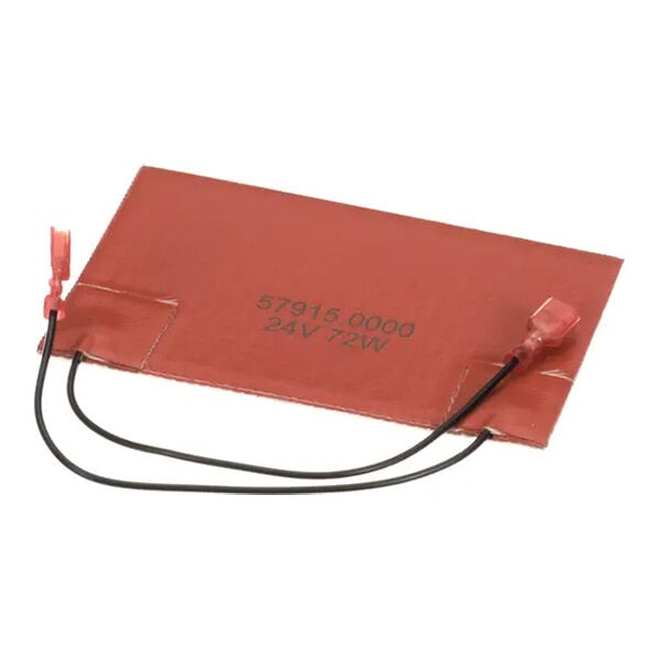 A red rectangular Bunn heater silicon pad with black wires.