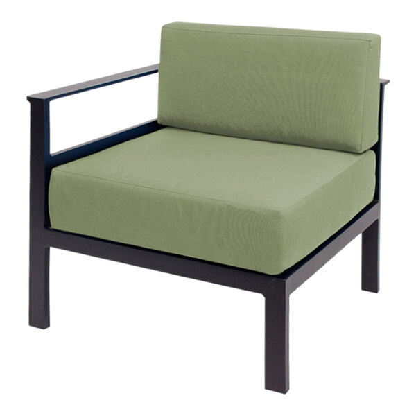 A BFM Seating Belmar right arm chair with black frame and Sunbrella fern green cushion.