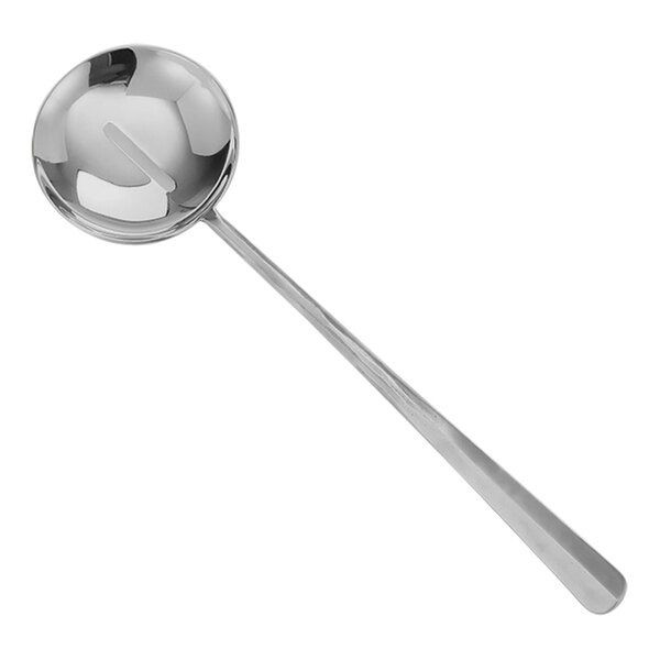 An American Metalcraft Amano Collection stainless steel slotted serving spoon with a long handle.