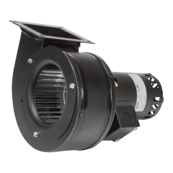 A black metal Cleveland blower fan with a white label.