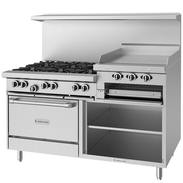 A large stainless steel Garland commercial gas range with a convection oven.