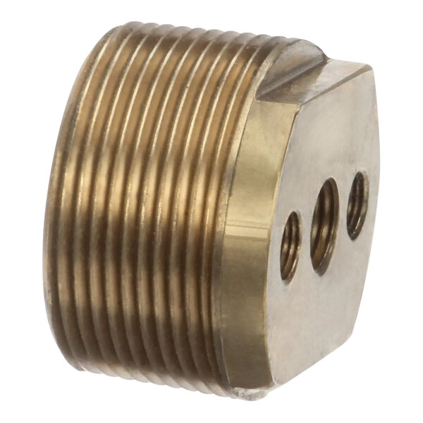 A close-up of a brass Cleveland float adapter fitting.