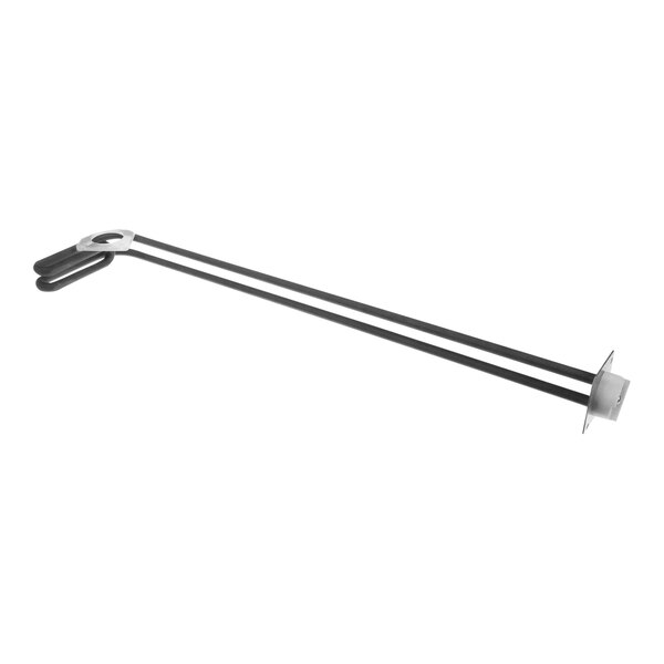 A long metal rod with a black and white metal hook on the end.