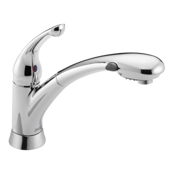 A close-up of a silver Delta deck-mount kitchen faucet with a single handle.