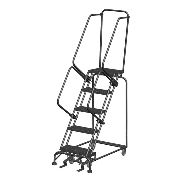 A gray steel Ballymore rolling safety ladder with expanded metal steps and metal bars.