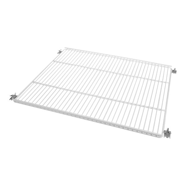 A white metal shelf grid with metal clips.
