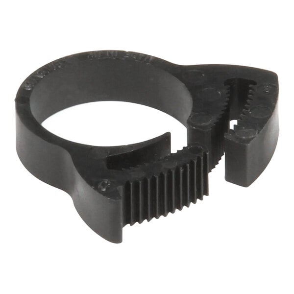 A black nylon clamp with two holes.