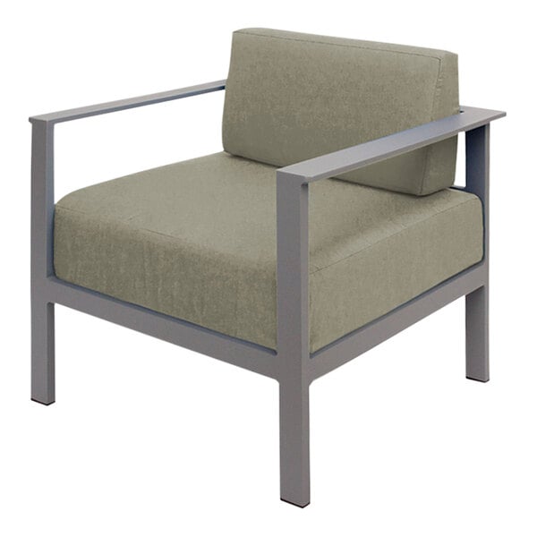 A BFM Seating Belmar armchair with a gray frame and Sunbrella Sea Salt green cushion.