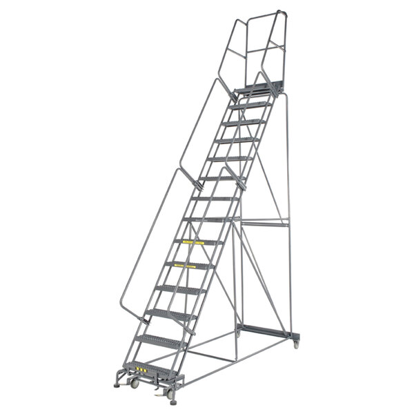 A Ballymore gray steel rolling safety ladder with serrated treads and yellow labels on the steps.