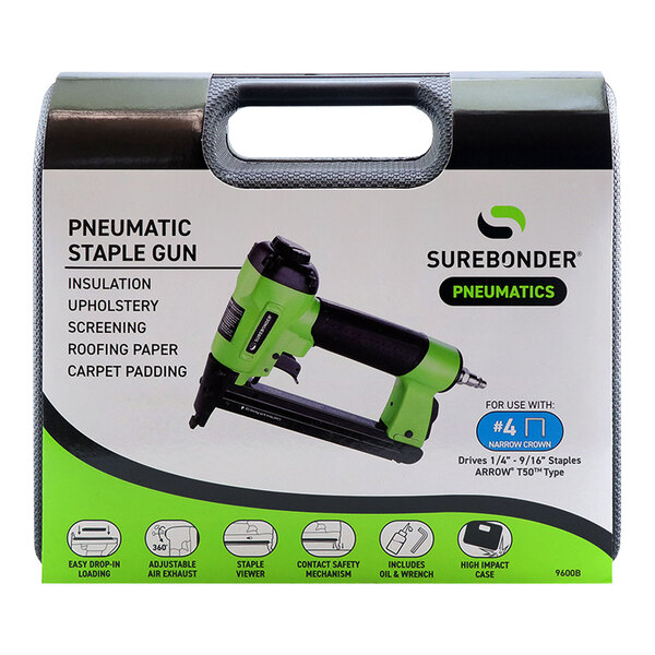 A green and black Surebonder pneumatic staple gun in a box.