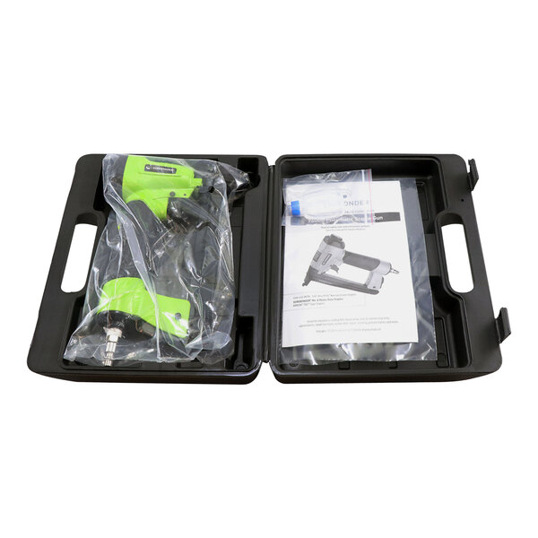 A black case with a green and black Surebonder staple gun in it.