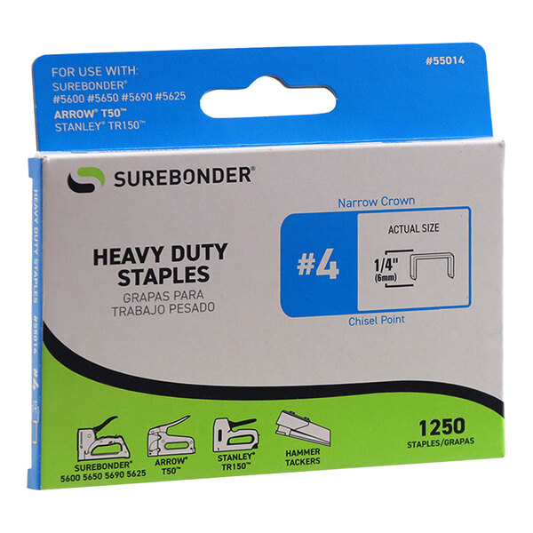 A white and blue box of Surebonder #4 heavy-duty narrow crown staples with text and images.