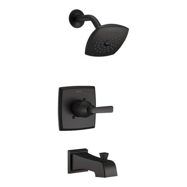 A black Delta bath and shower faucet with a round spout and shower head.