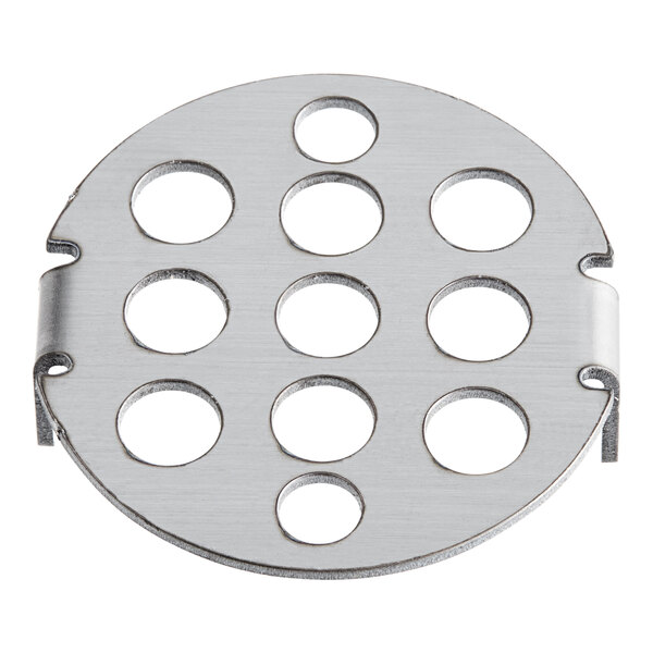 A circular stainless steel filter screen with holes.