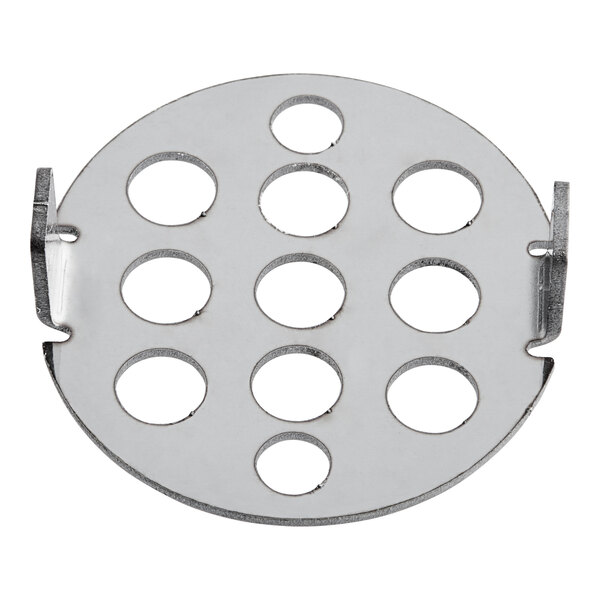 A circular stainless steel filter screen with holes.