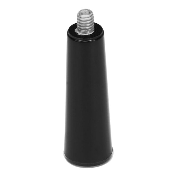 A close-up of a black plastic cone with a silver metal screw.
