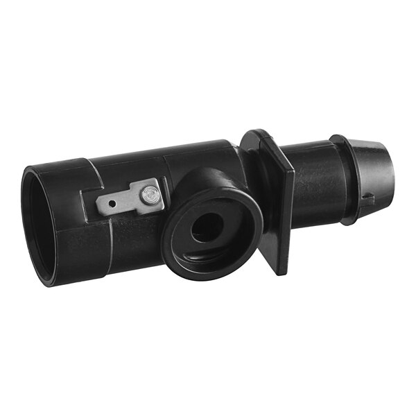 A black plastic pipe fitting with a metal probe on the end.