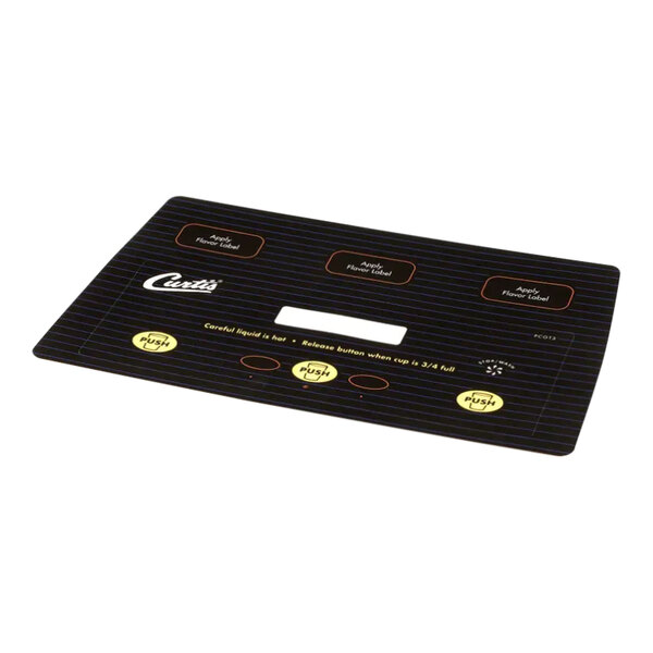 A black rectangular label with white and yellow text on it.