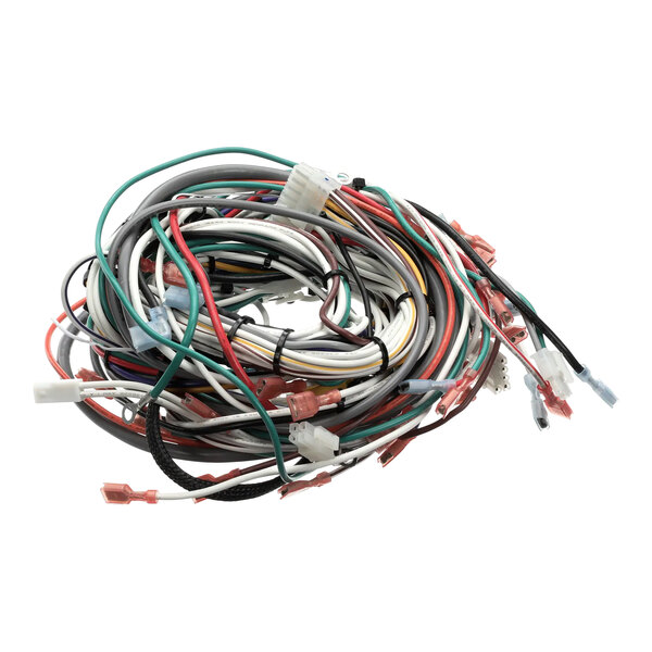 A close-up of a complete multicolored wire harness.