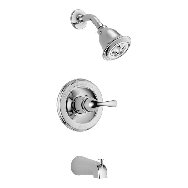 A close-up of a Delta chrome bath and shower faucet with a handle and shower head.