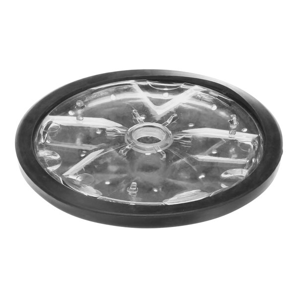 A clear plastic disc with a black circular rim.