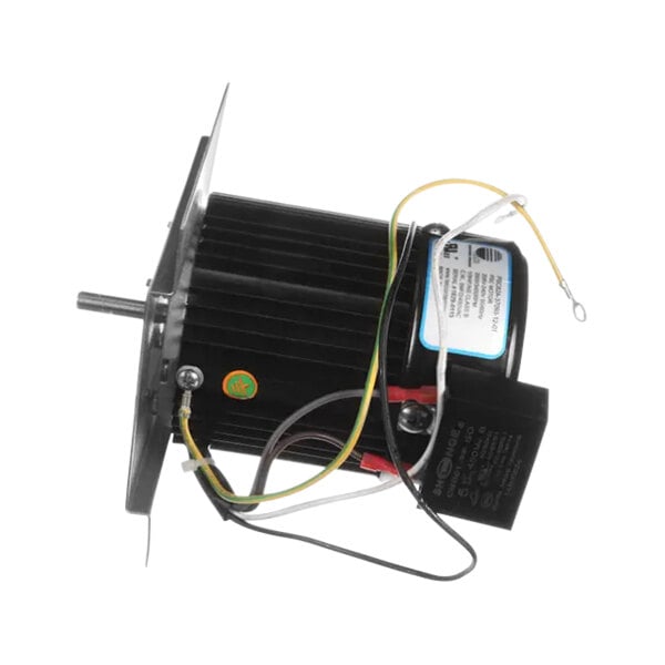 A black electric motor with wires on a white background.
