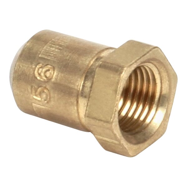 A close-up of a brass nut with a threaded screw on the end.