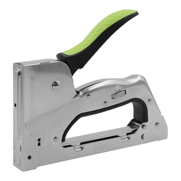 A Surebonder staple gun with a green handle.