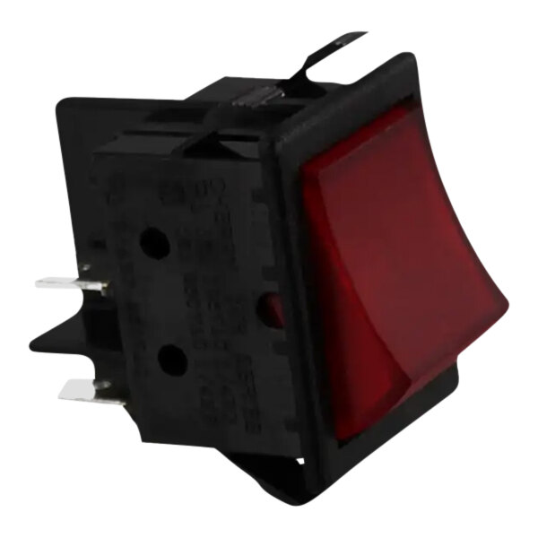 A red switch with a black plastic frame.