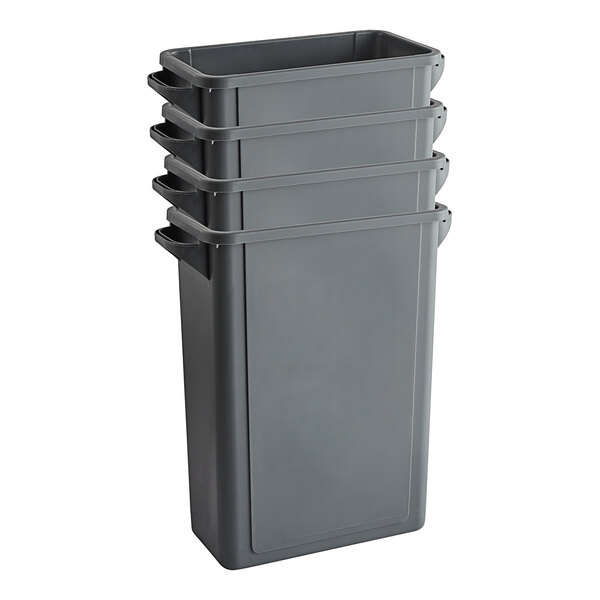 A stack of gray Lavex slim rectangular trash cans.
