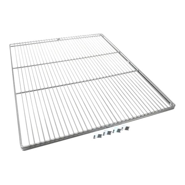 A metal grid shelf with metal clips for True Refrigeration.