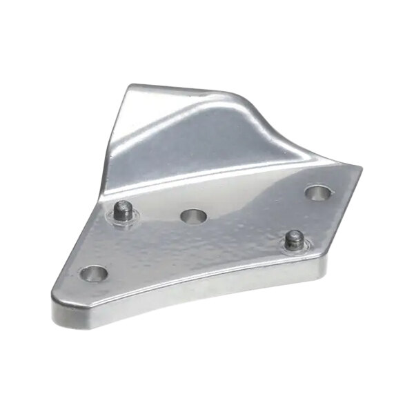 A silver metal Alliance Laundry upper hinge with two holes.