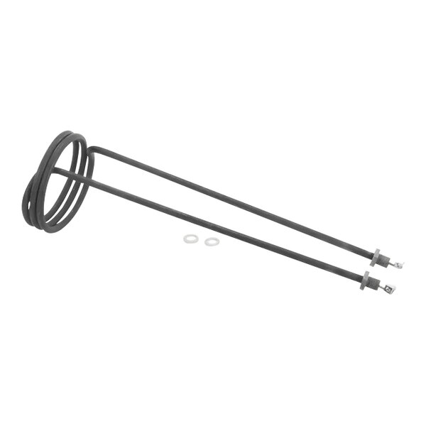 A black metal rod with two white metal rings.