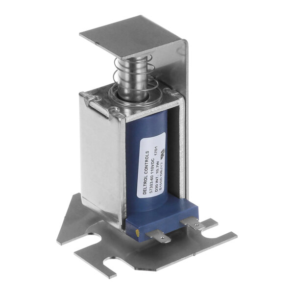 A metal and blue Bunn solenoid assembly.