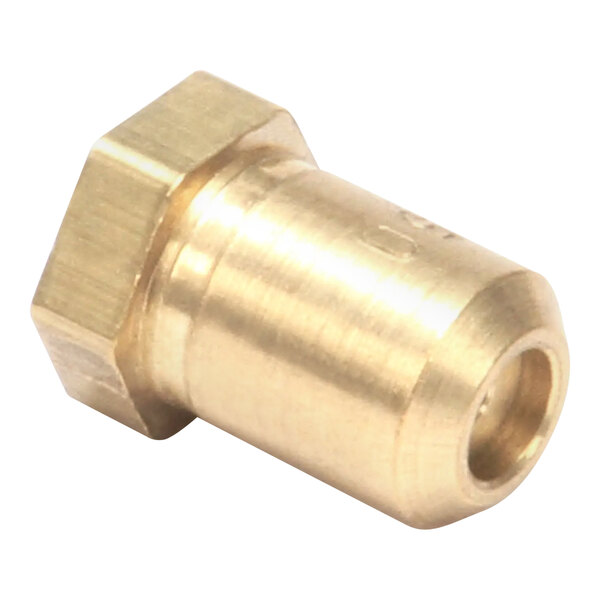 A close-up of a brass threaded nut.