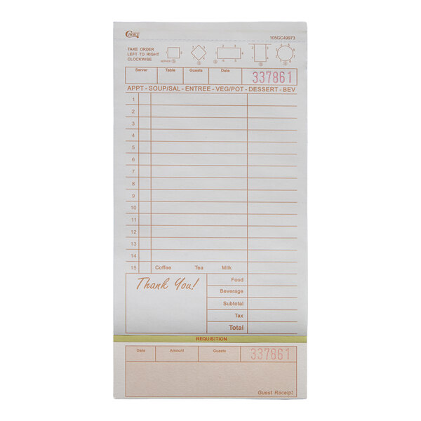 A tan and white carbonless guest check pad with beverage lines and a bottom guest receipt section.