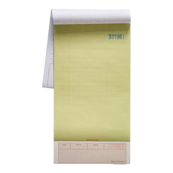 A carbonless guest check pad with tan and white pages, featuring beverage lines and a bottom guest receipt section.