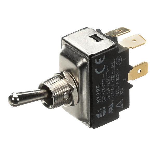 A close up of a Traulsen toggle switch with silver contacts.