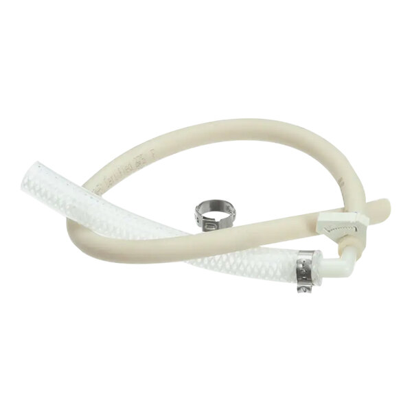 A white rubber hose with a metal clamp.