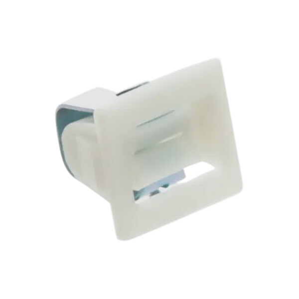 A white plastic Alliance Laundry door catch with a white square clip.