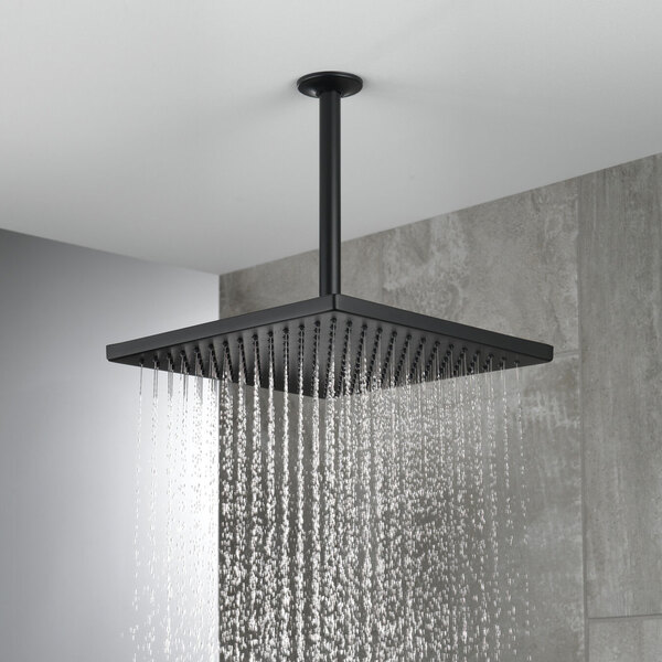 A matte black Delta single-setting square raincan showerhead with water raining down.